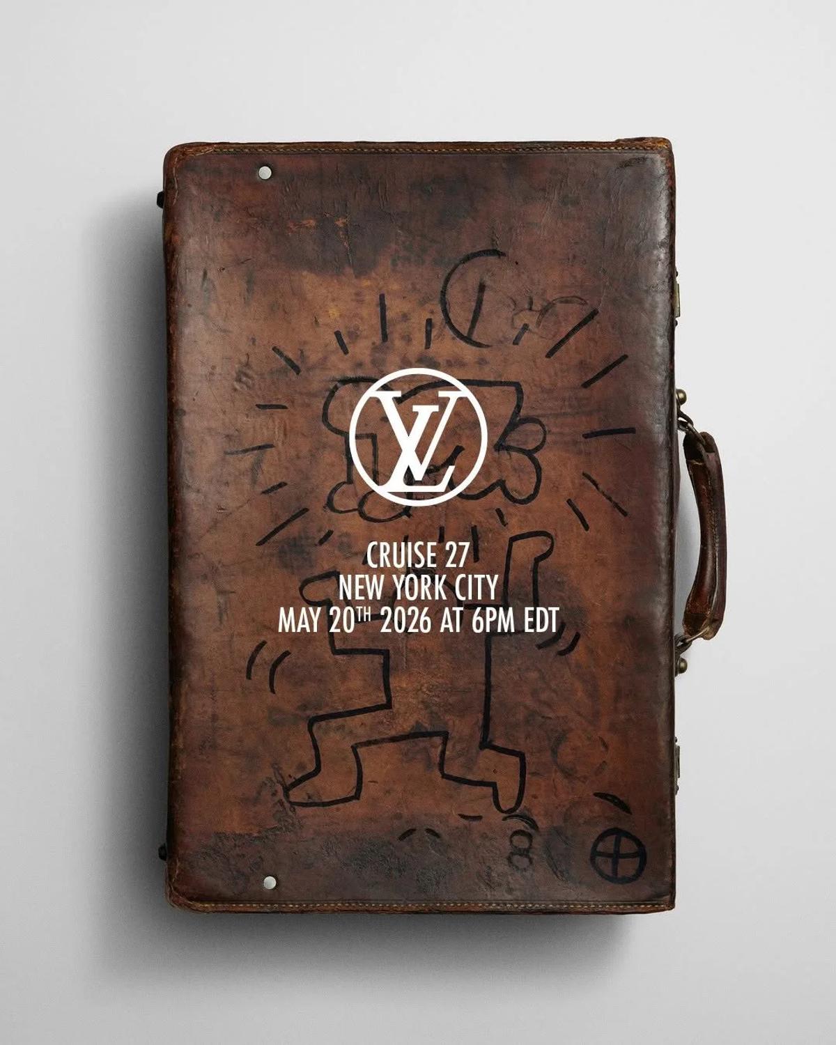 The official promotional asset for Louis Vuitton’s Cruise 2027 presentation at The Frick Collection. By overlaying the sharp corporate monogram directly onto Keith Haring's raw 1984 downtown iconography, the graphic perfectly captures the Baudrillardian loop analyzed in this study: the total absorption of historical street resistance into a sovereign luxury commodity.