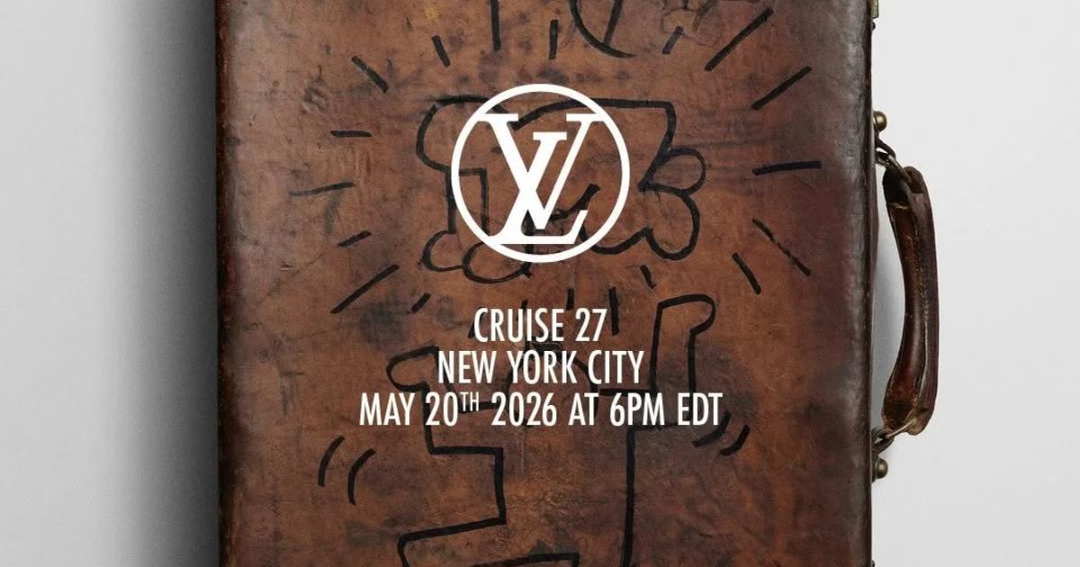 A worn leather trunk marked with a line drawing of a figure in the Keith Haring manner, overlaid with a monogram and the words Cruise 27, New York City, May 20th 2026.