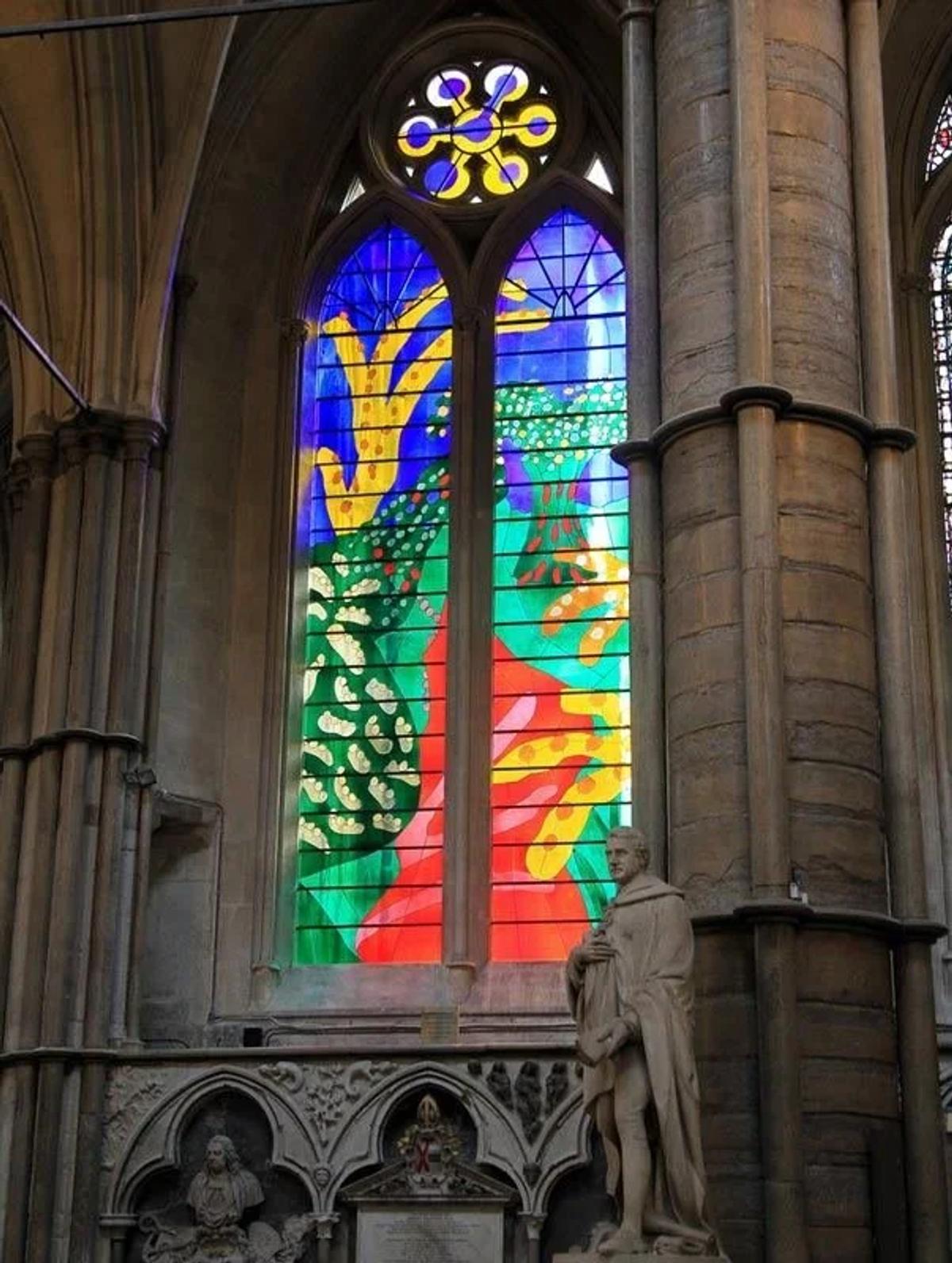 Hockney’s Queen’s Window at Westminster Abbey (the rumored memorial venue). Photo via Westminster Abbey / The Picture Partnership.