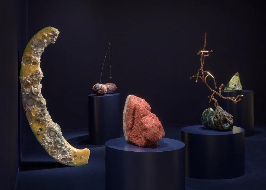 Four sculptures on dark cylindrical plinths against a deep blue wall, including a large crescent form crusted with pale mineral growths and a pink encrusted mass.