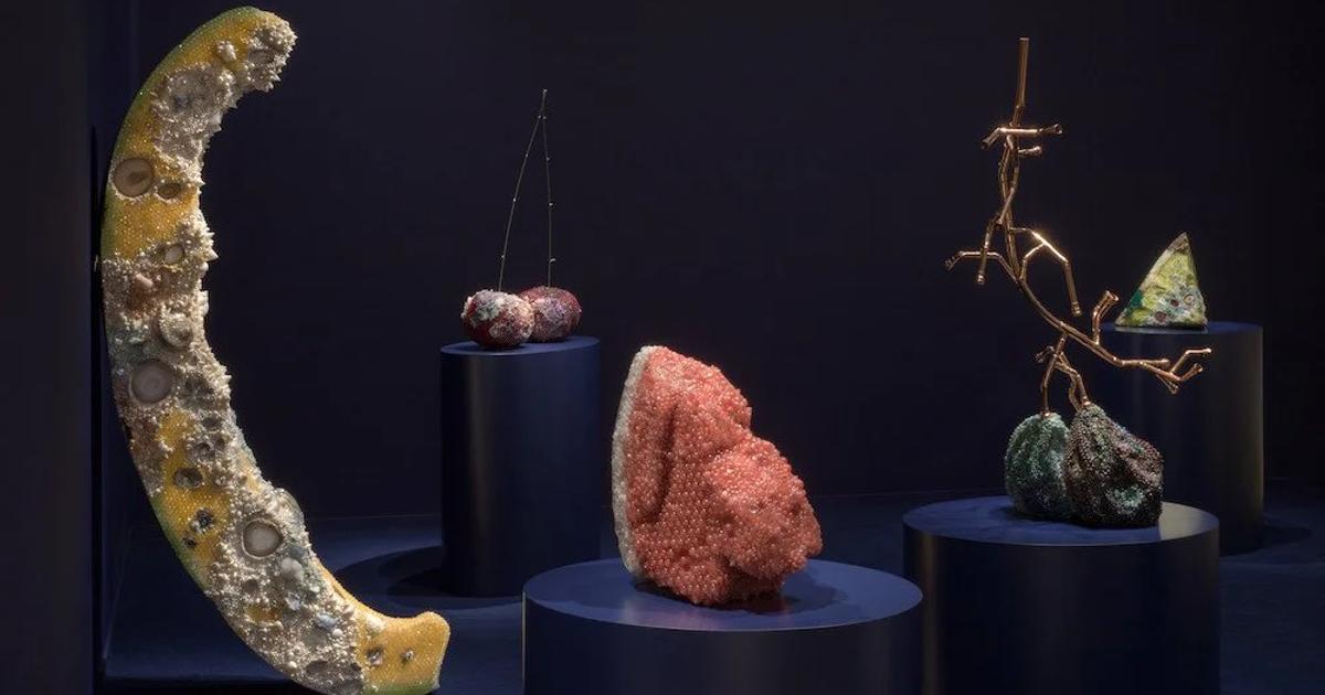 Four sculptures on dark cylindrical plinths against a deep blue wall, including a large crescent form crusted with pale mineral growths and a pink encrusted mass.