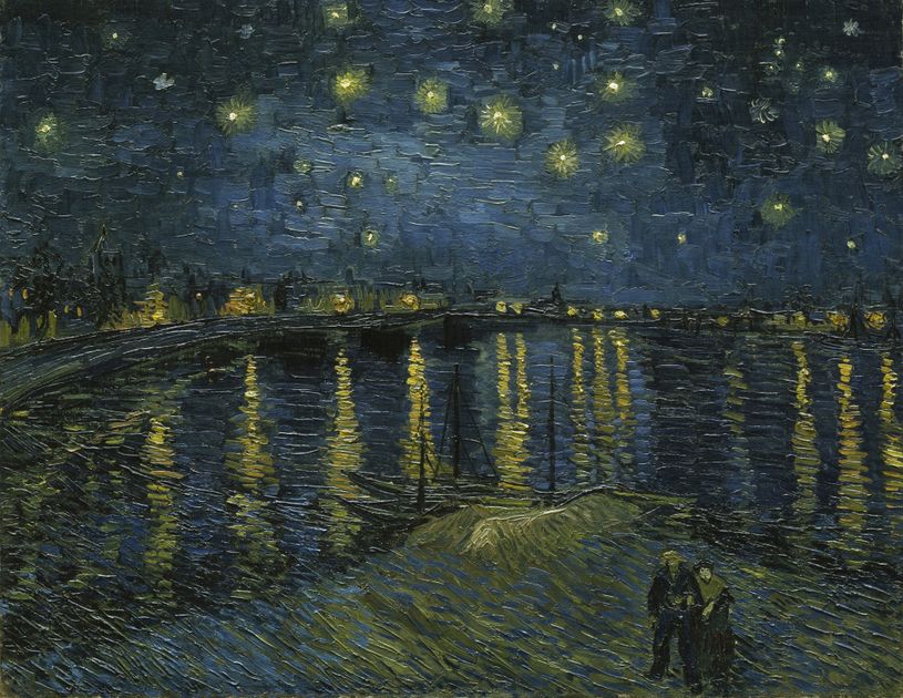 A night sky in heavy swirling blue and yellow brushwork above a village, with a dark cypress rising at the left.