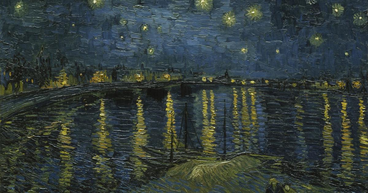 A night sky in heavy swirling blue and yellow brushwork above a village, with a dark cypress rising at the left.