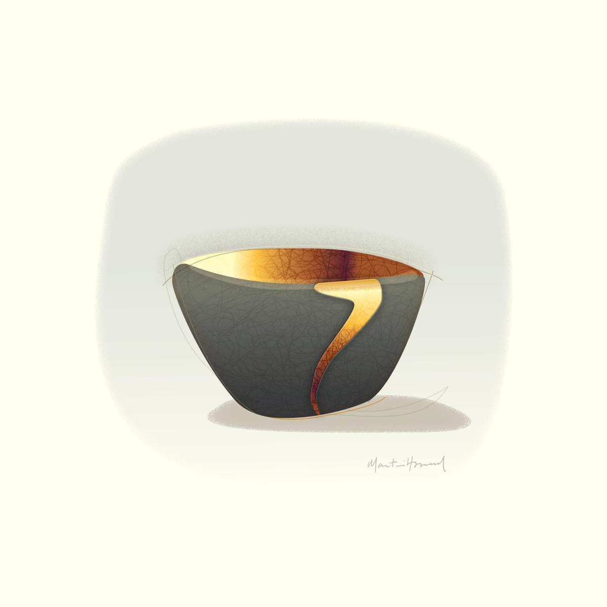 A ceramic bowl repaired with kintsugi, its breaks rejoined in bright gold lines across the glaze.
