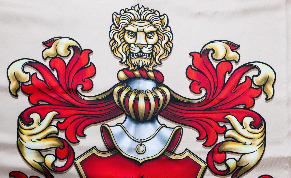 A close view of the printed crest, a crowned lion above a helm with red and gold mantling scrolling to either side of a red shield.