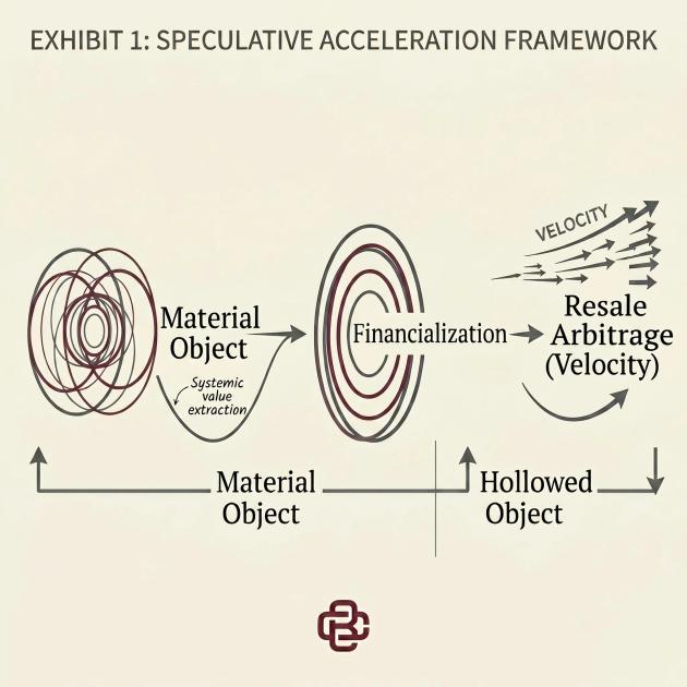 A diagram headed Exhibit 1, Speculative Acceleration Framework, showing a material object drawn as concentric rings passing through financialization into resale arbitrage, with the right side labelled hollowed object.