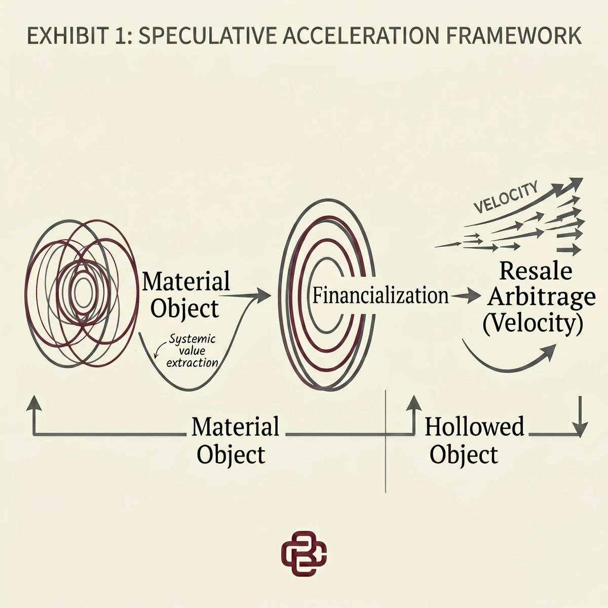 A diagram headed Exhibit 1, Speculative Acceleration Framework, showing a material object drawn as concentric rings passing through financialization into resale arbitrage, the right side labelled hollowed object.