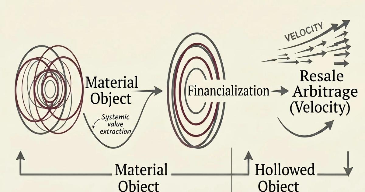 A diagram headed Exhibit 1, Speculative Acceleration Framework, showing a material object drawn as concentric rings passing through financialization into resale arbitrage, with the right side labelled hollowed object.