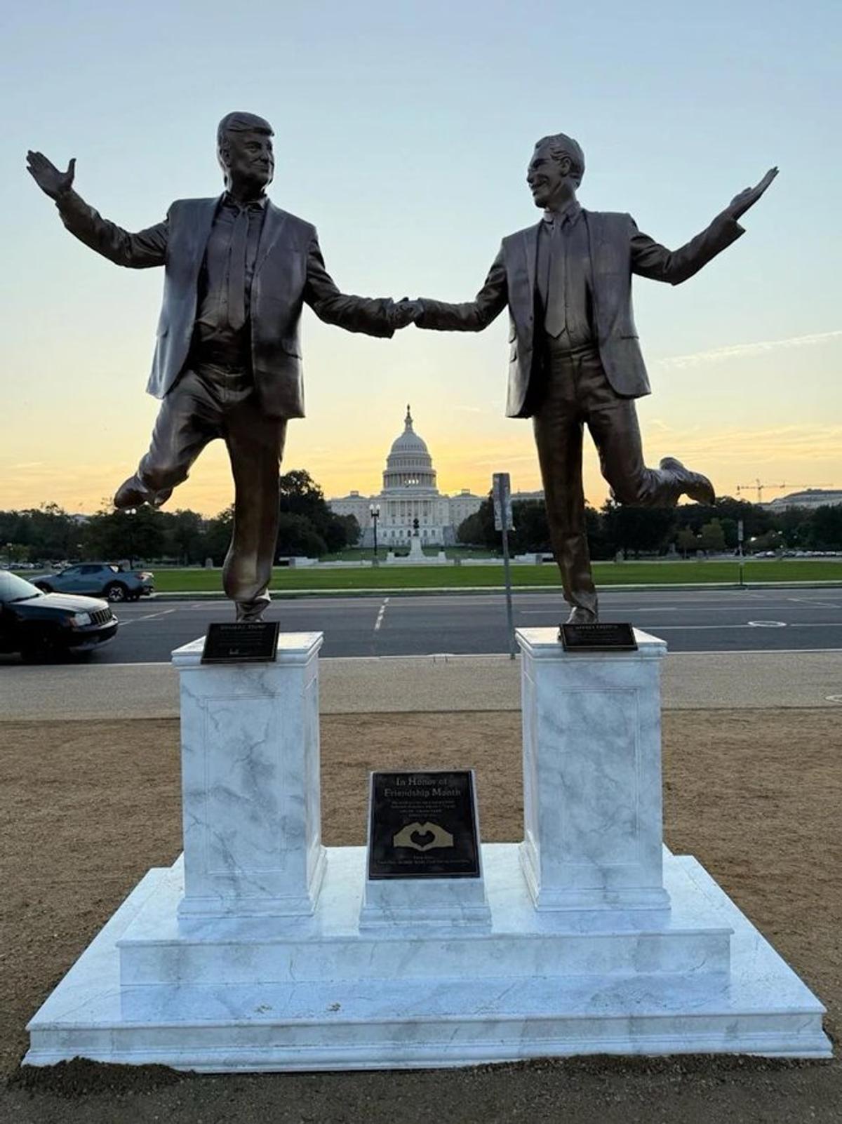 The 12-foot installation of Best Friends Forever (2025) on the National Mall, showcasing TSH's appropriation of monumental language for political satire with the U.S. Capitol in the background.