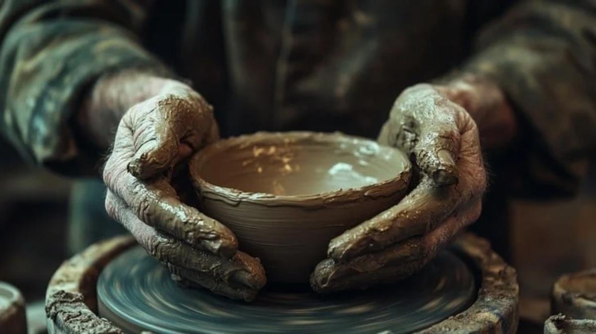 Two clay covered hands closing around a small pot turning on a potter's wheel.