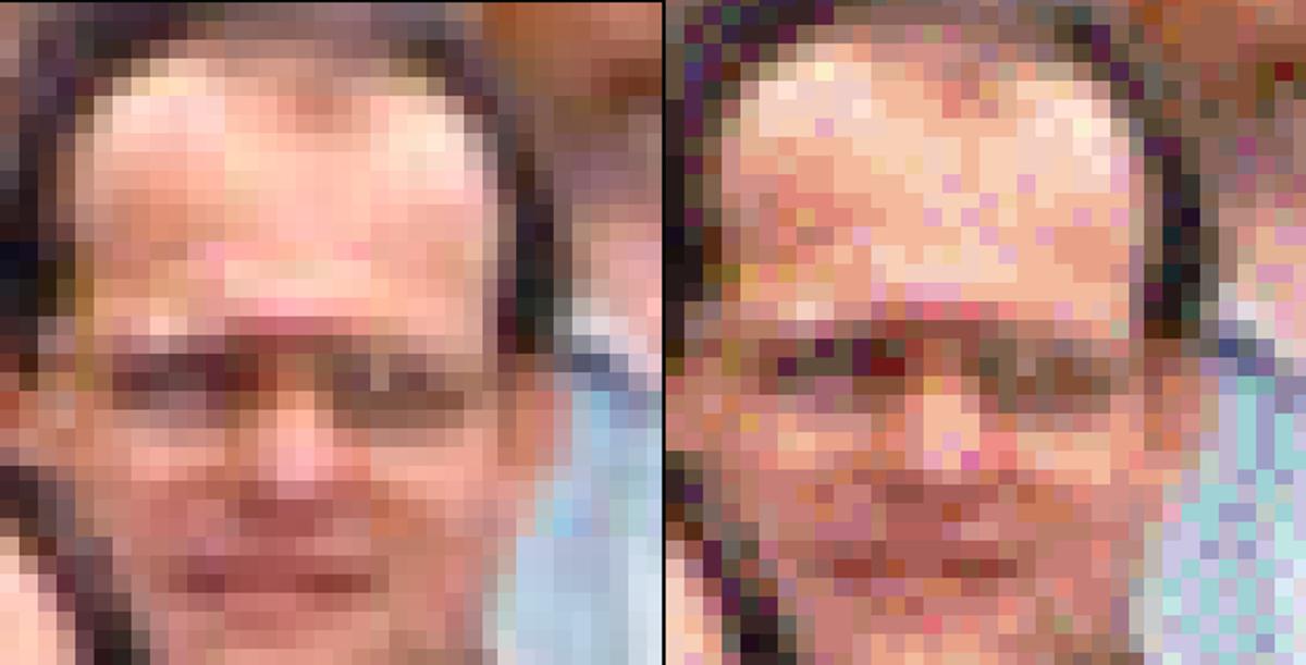 This comparison demonstrates the sacrifice of fidelity for fungibility: The low-resolution JPG (left) retains more integrity than the larger GIF (right), which attempts to compensate for lost color data with artifacting, showing how file compression and distribution (Circulationism) inevitably produce the Poor Image.