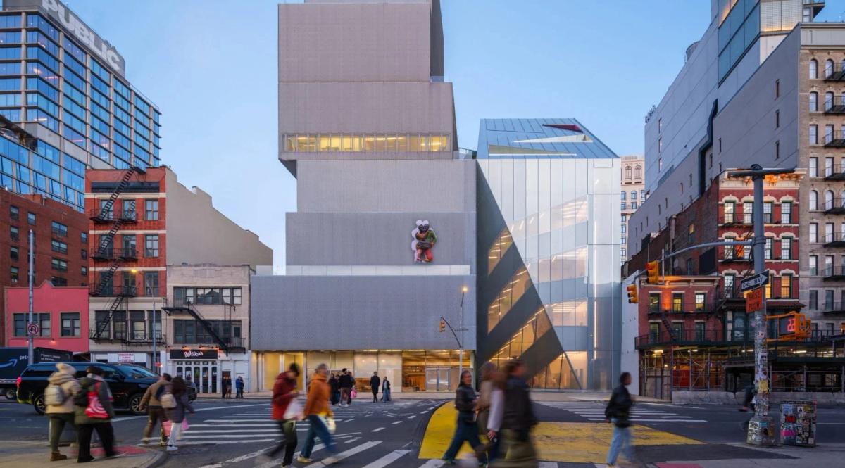 The institutional circuit: the New Museum's SANAA stack and OMA-designed expansion, directly across the Bowery from Swiss Institute's future home. Photo: Jason O'Rear, via Galerie Magazine.