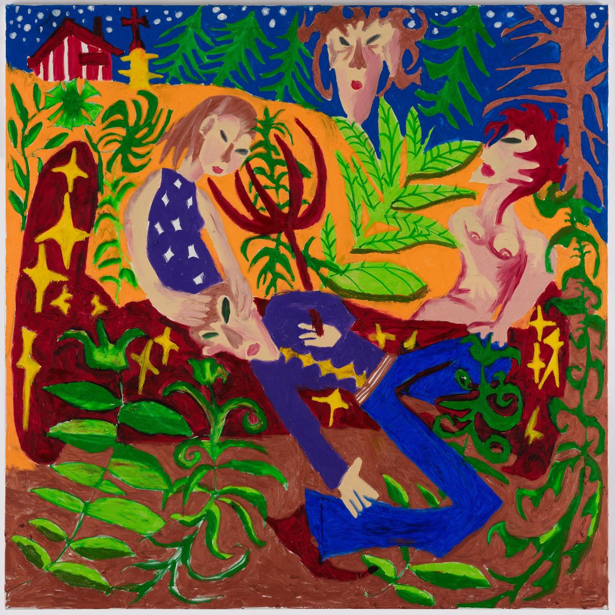 A square canvas crowded with figures in a garden at night: a reclining figure in a blue diamond patterned top, a nude figure at the right, a face among pine trees, a small red cottage and a cross on an orange hill under a starry blue sky.