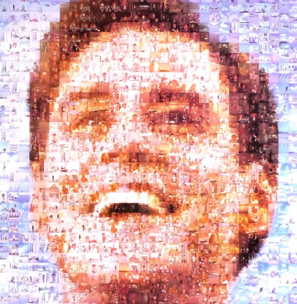 A portrait of a face assembled as a mosaic from hundreds of tiny photographs, the tiles reading as skin in orange and pink against a violet ground.