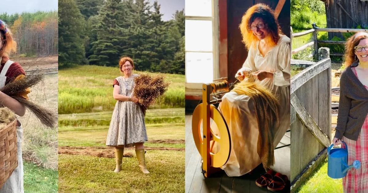 Four photographs of the same woman working flax in a garden: carrying a basket of stalks, holding a bundle of cut fibre, working at a spinning wheel, and standing by a gate with a bucket.