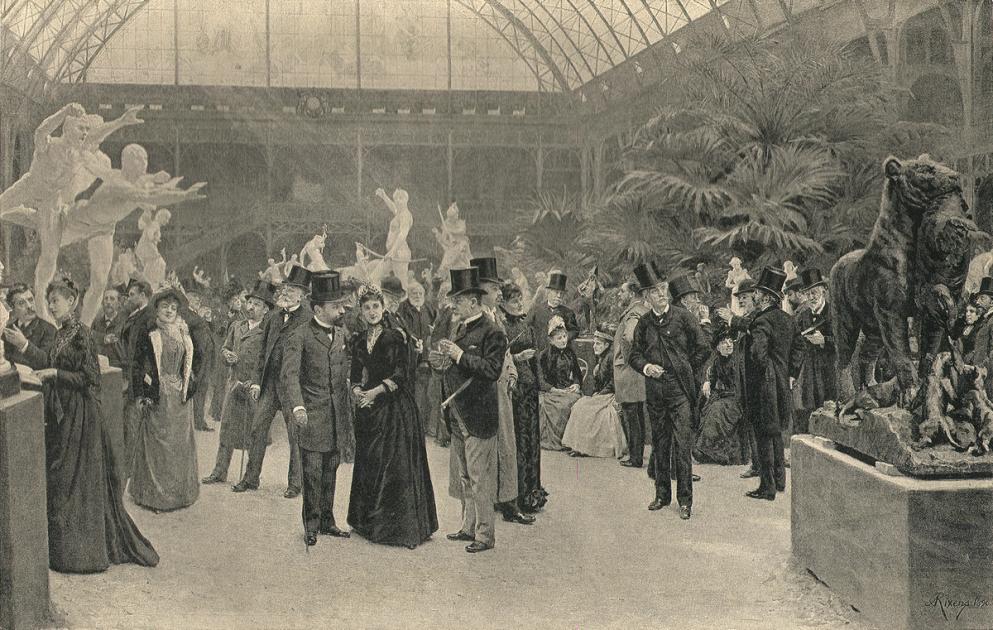 A nineteenth century painting of a crowded vernissage, well dressed visitors filling a salon hung with pictures.