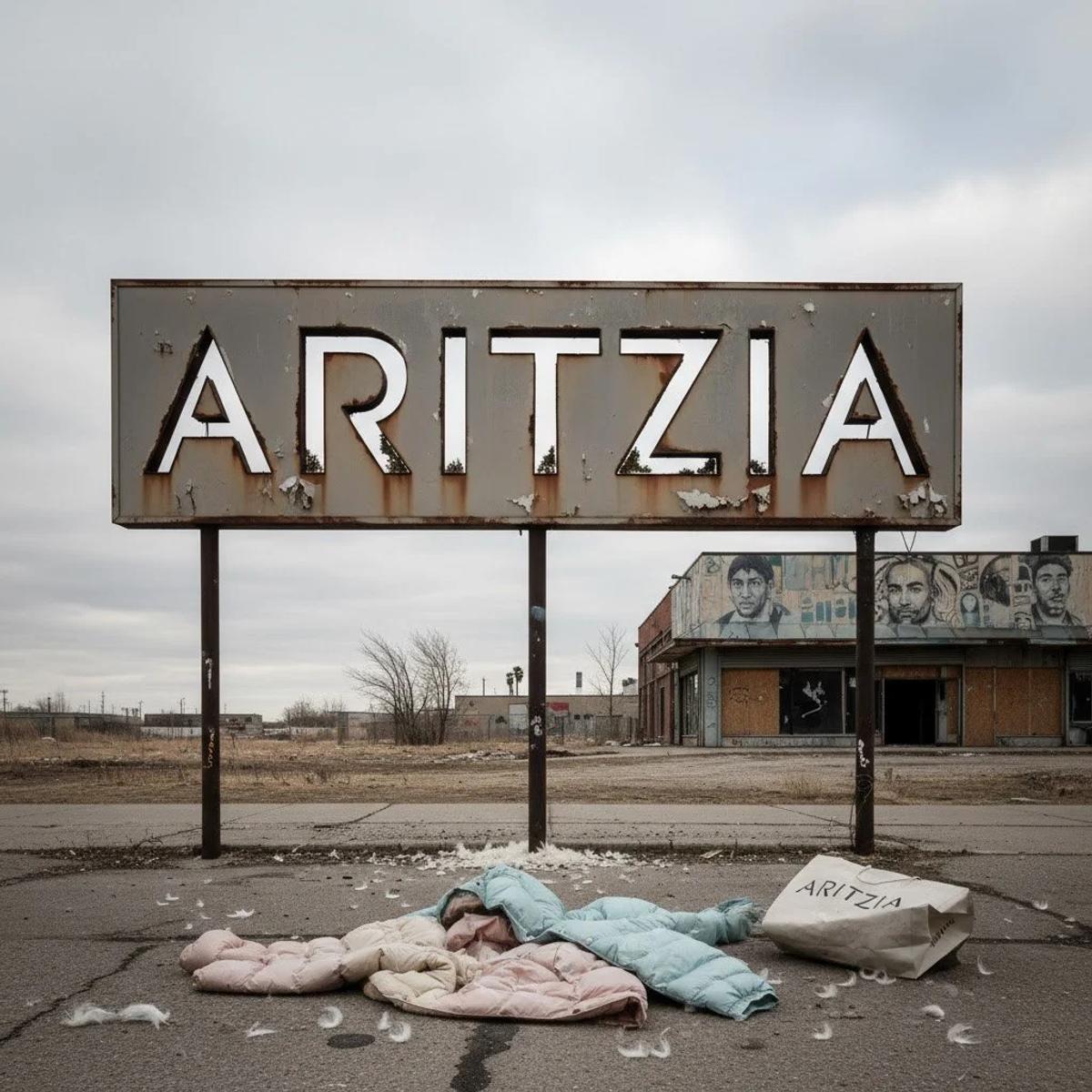 A weathered roadside billboard reading Aritzia above an abandoned storefront, with discarded clothing and shopping bags scattered on the empty road below.