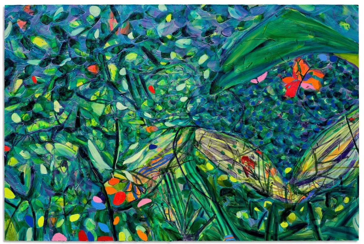  Jadé Fadojutimi,  The Woven Warped Garden of Ponder  (2021). This painting sold for £1.6 million ($2 million) at Christie's, providing a concrete example of the artist's rapid and powerful ascent in the ultra-contemporary art market. 