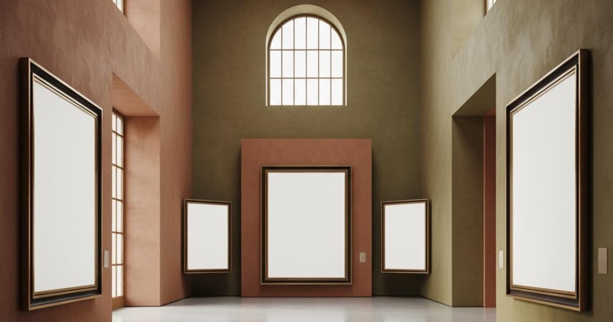 An empty museum gallery with olive coloured walls and a skylight, hung with several large empty frames whose canvases read as blank white panels.