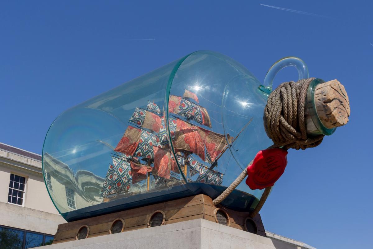 Nelson's Ship in a Bottle by Yinka Shonibare, a scaled replica of HMS Victory with Dutch wax printed fabric sails, on the Fourth Plinth in Trafalgar Square, London