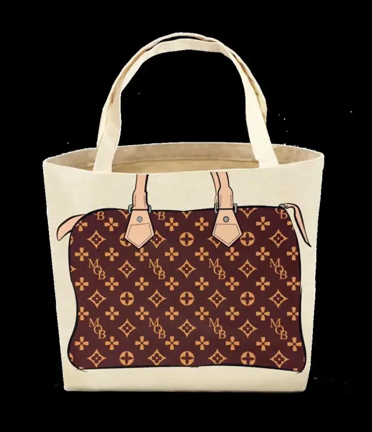 A plain canvas tote printed with a cartoon drawing of a monogrammed designer handbag, photographed against black.