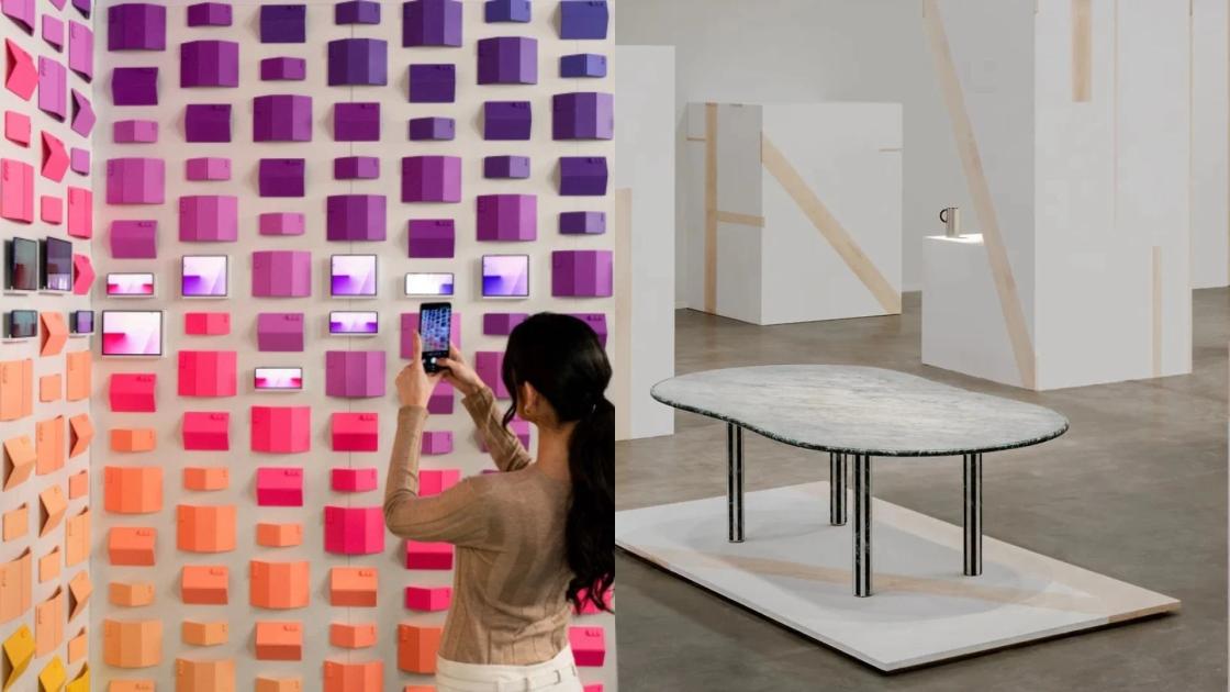 A two panel image: a woman photographing a wall of glossy tiles graded from purple through pink to orange, beside a pale gallery room holding a single oval stone table on a plinth.