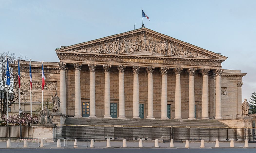 The colonnaded facade of the Palais Bourbon, seat of the French National Assembly, in Paris.