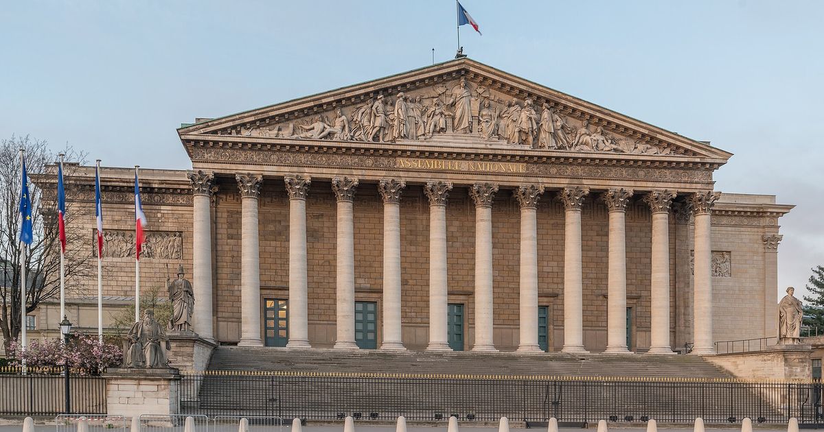 The colonnaded facade of the Palais Bourbon, seat of the French National Assembly, in Paris.