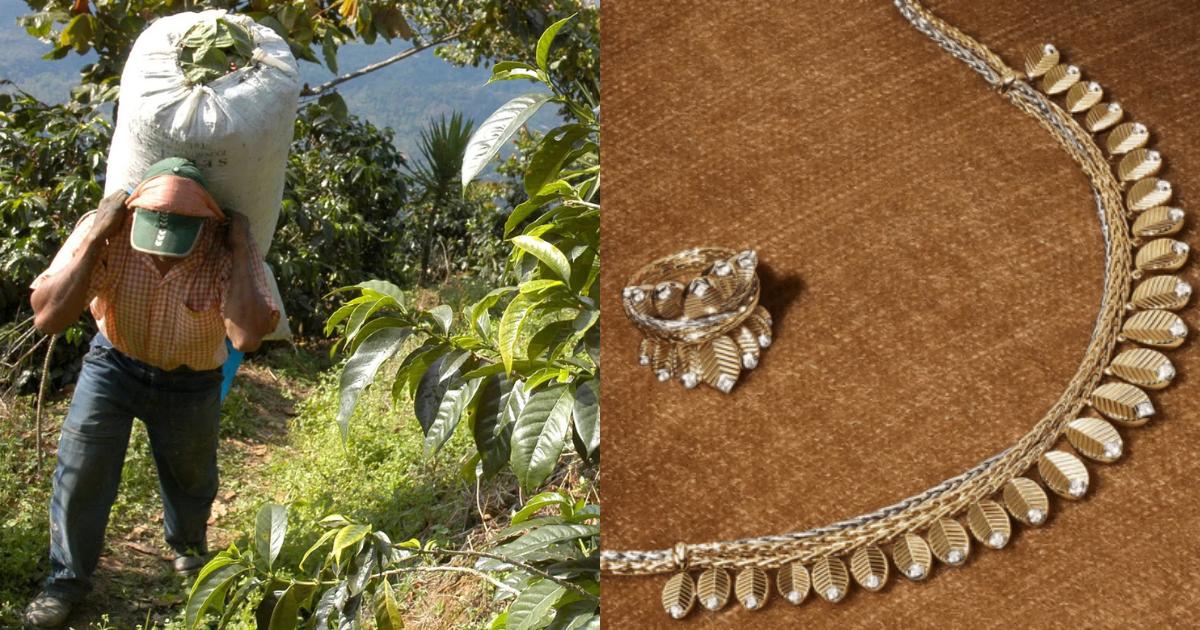 A two panel image: a worker carrying a heavy sack on one shoulder through green plantation growth, and a gold beaded necklace and ring laid on tan leather.