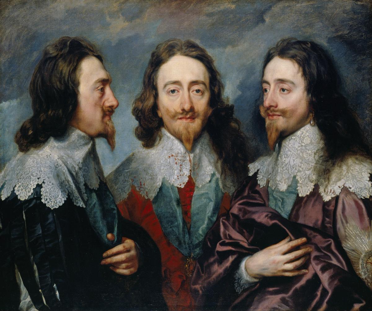 Anthony van Dyck, portrait of Charles I of England, c. 1635, oil on canvas, showing the monarch in armour with a red sash against a landscape background, from the Royal Collection