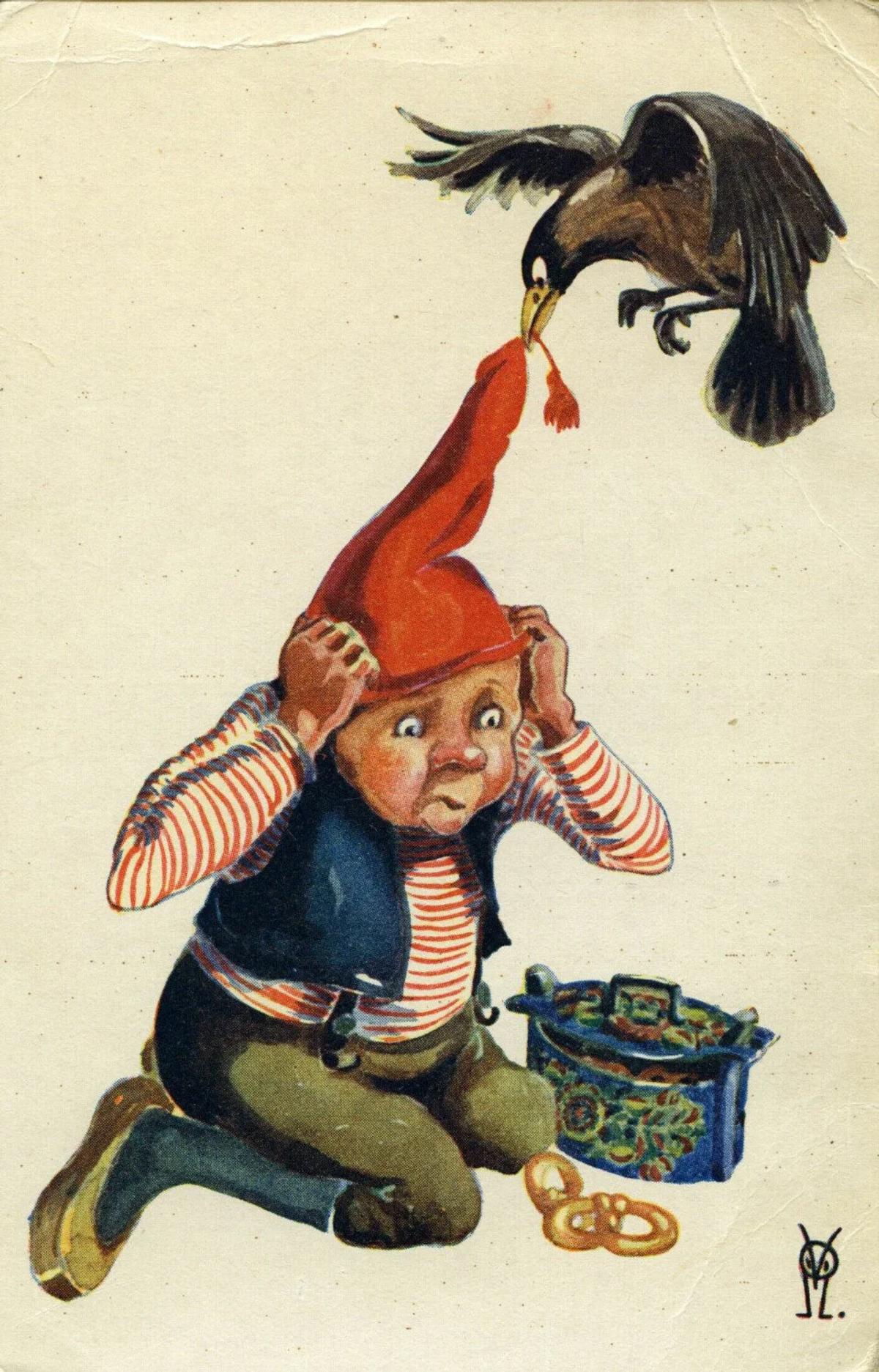 This 1941 Christmas card depicts a black bird (symbolizing the Nazi regime) attempting to remove a gnome's red nisselue, illustrating the historical use of the hat as a symbol of silent dissent.