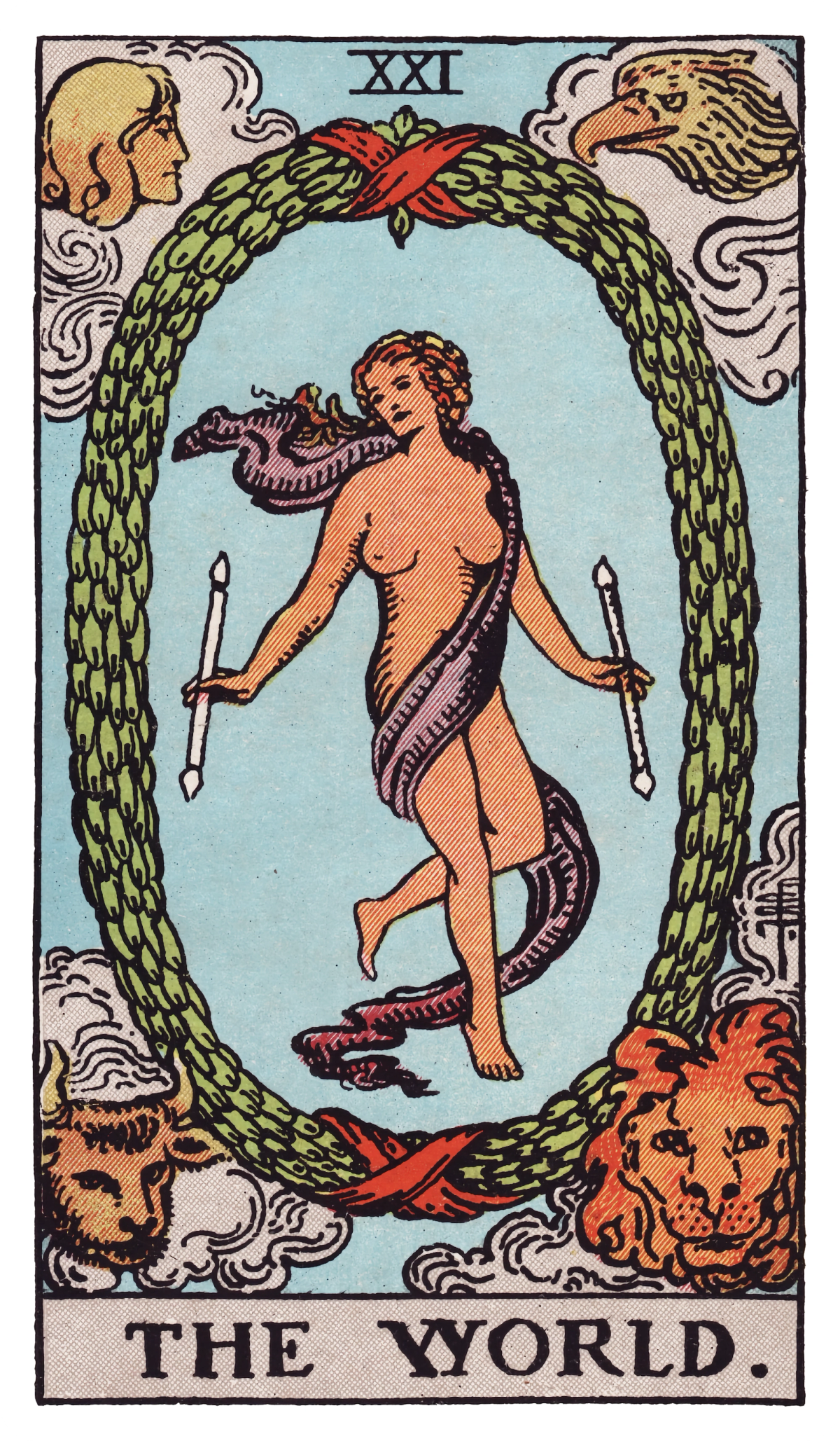 The World card from the Rider-Waite-Smith tarot deck, 1909, painted by Pamela Colman Smith