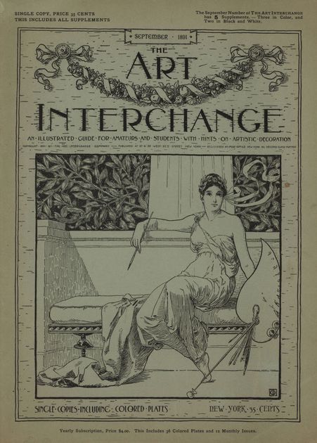 The cover of an 1891 art magazine, a seated classical figure holding a brush, with ornate lettering reading The Art Interchange.