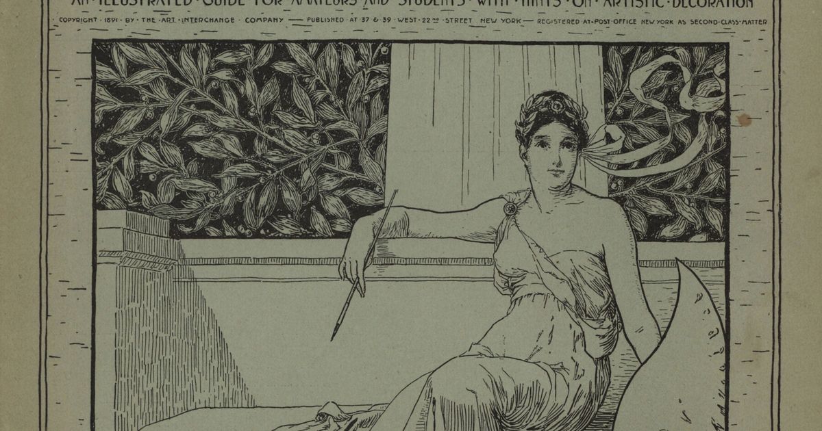 The cover of an 1891 art magazine, a seated classical figure holding a brush, with ornate lettering reading The Art Interchange.