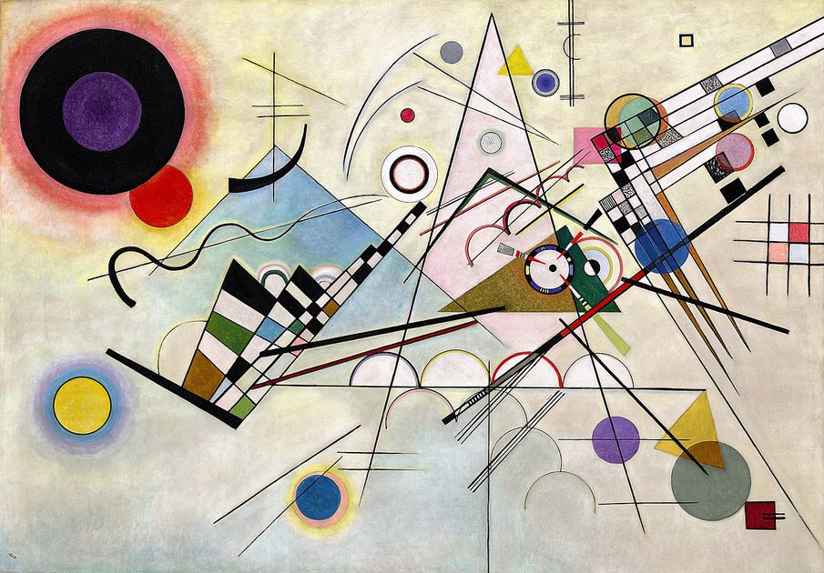 Vasily Kandinsky's Composition 8, 1923: interlocking circles, triangles and straight lines in black, blue, red, yellow and violet on a pale ground.