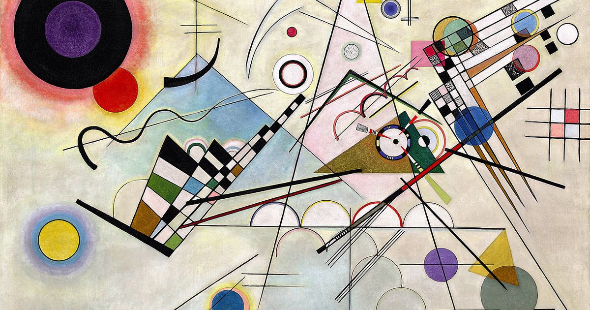 Vasily Kandinsky's Composition 8, 1923: interlocking circles, triangles and straight lines in black, blue, red, yellow and violet on a pale ground.