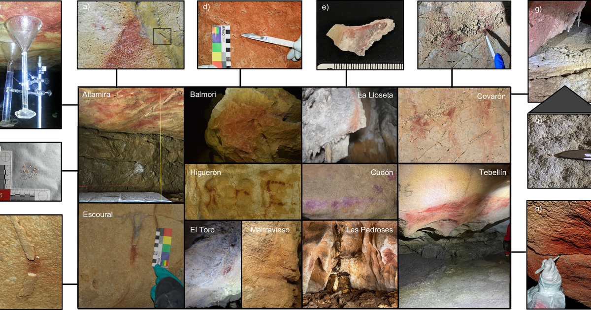 A composite plate. Eleven photographs of red ochre marks and painted cave surfaces are tiled in the centre, each labelled with a cave name. Around them, eight smaller photographs show sampling methods: a scalpel lifting calcite, a gauze pad, glass funnels, a gloved hand at a rock fissure.