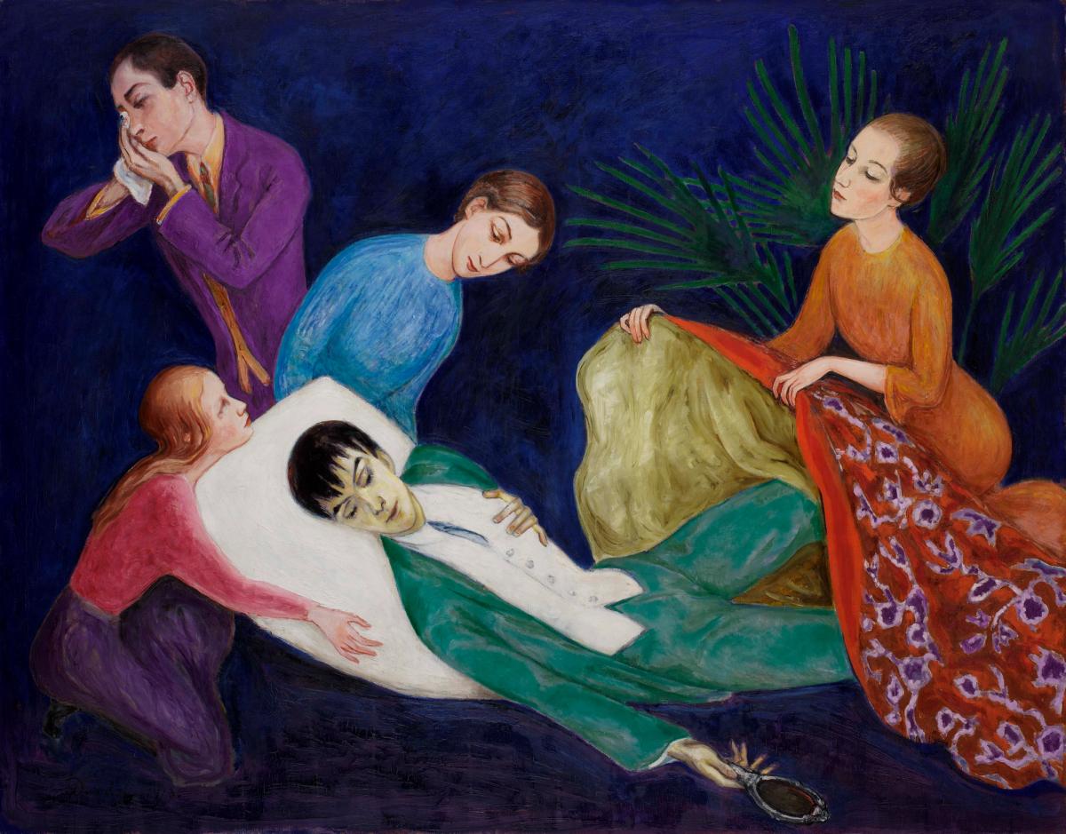 A painting of a dying man in a white shirt laid out against deep blue, attended by four mourners, with a small mirror on the ground.