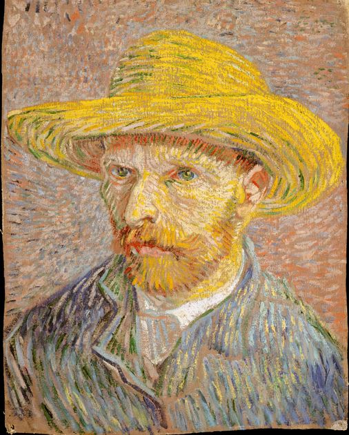 Van Gogh's Self-Portrait with a Straw Hat of 1887, a bust-length painting in short directional brushstrokes.