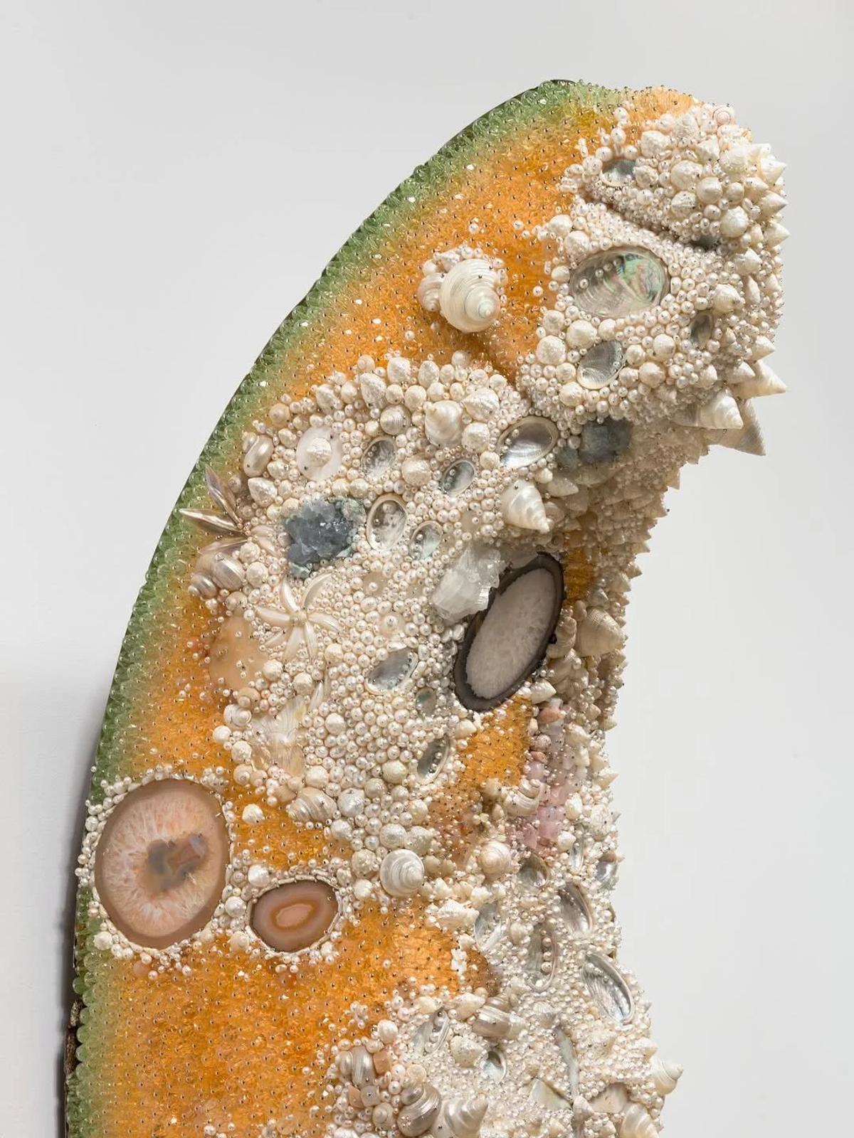 A macro perspective of Bad Melon (Fantasy) (2026) demonstrating the intense Labor Density and Material Singularity foundational to the PLCFA framework. The algorithmic impossibility of this surface is revealed in the physical tension between the uniform, manufactured glass beads and the jagged, geologically unique profiles of the mineral deposits.
