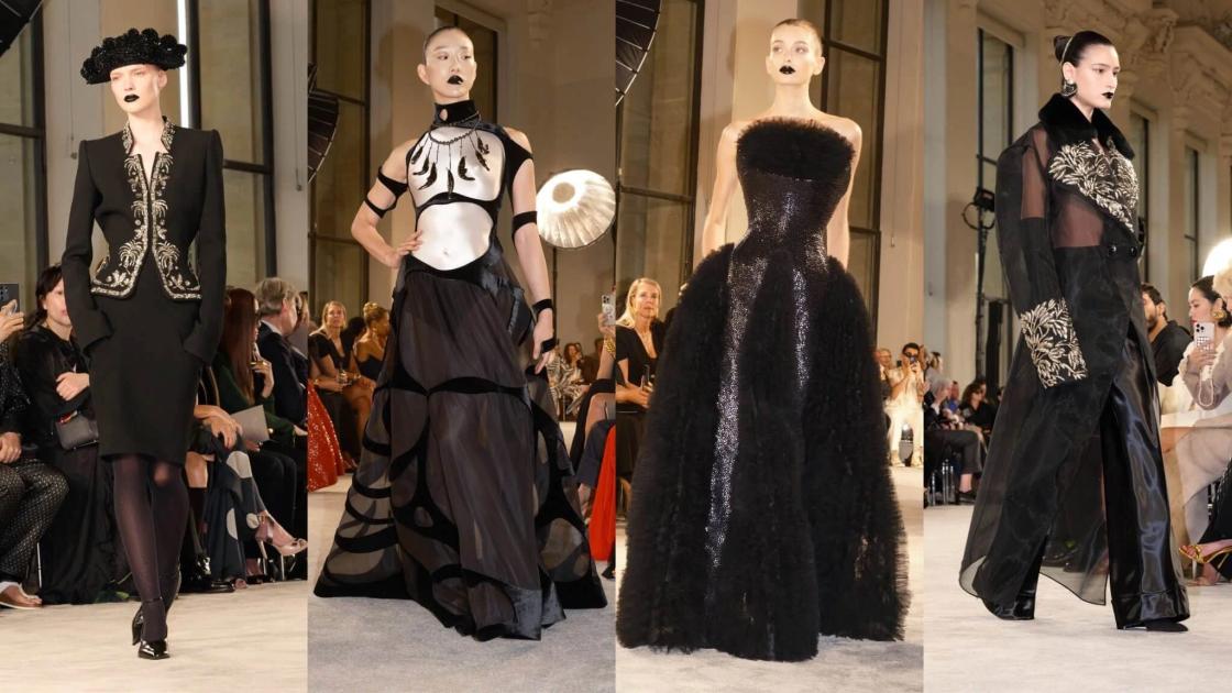 Four runway photographs of black couture looks: a tailored jacket and hat, a beaded bodice with a fan, a full skirted feathered gown and a sheer embellished dress.