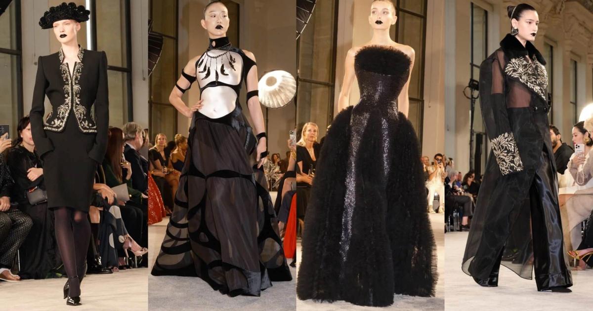 Four runway photographs of black couture looks: a tailored jacket and hat, a beaded bodice with a fan, a full skirted feathered gown and a sheer embellished dress.