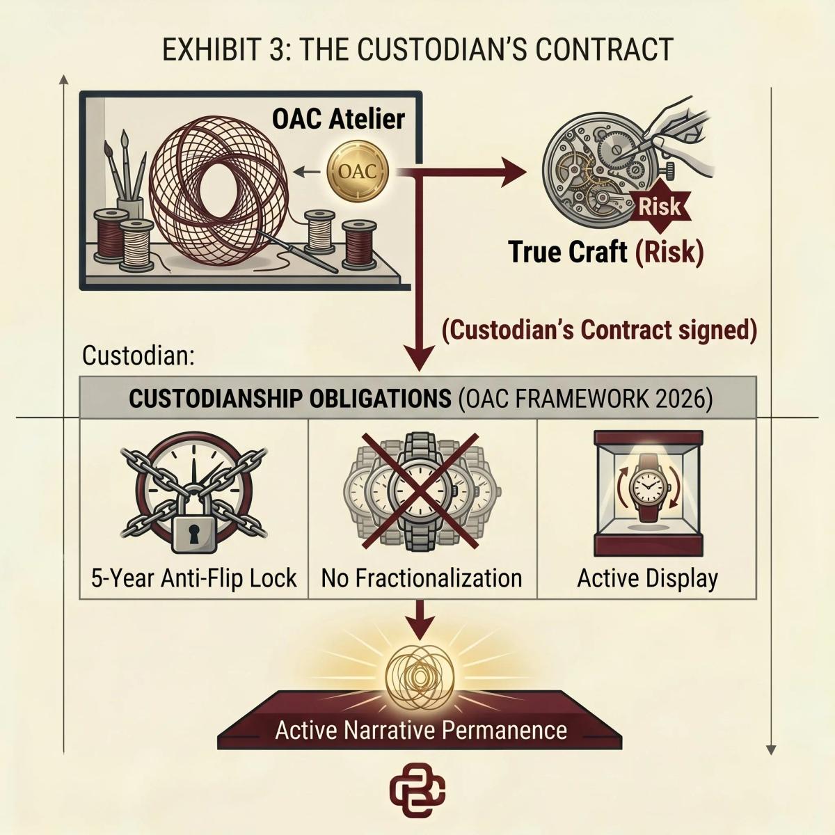 A diagram headed Exhibit 3, The Custodian's Contract, linking an OAC atelier to true craft and risk, above three custodianship obligations, a five year anti flip lock, no fractionalization and active display.