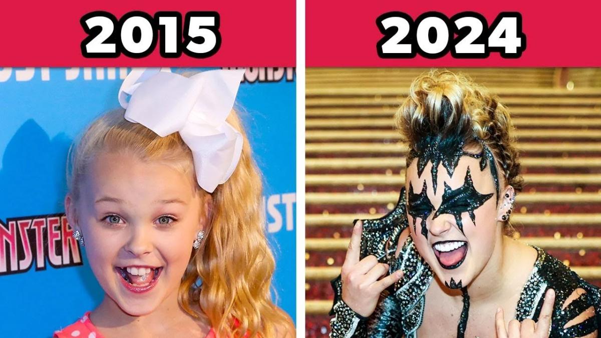 A two panel comparison of the same performer, on the left as a child in 2015 with a large bow, and on the right in 2024 in dark face paint and a studded jacket.