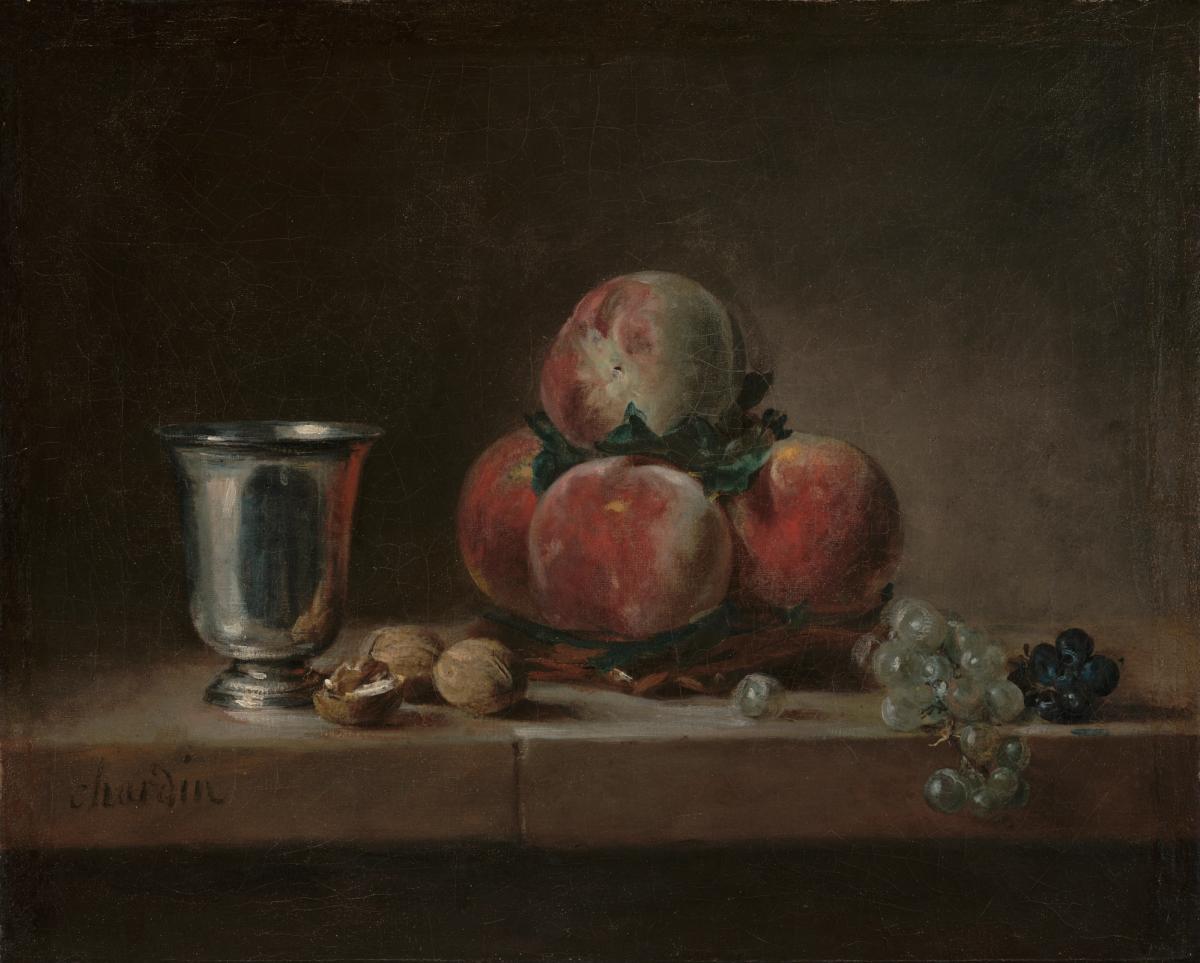 Jean-Siméon Chardin, Still Life with Peaches, Silver Goblet, Grapes, and Walnuts, c.1758, oil on canvas, J. Paul Getty Museum