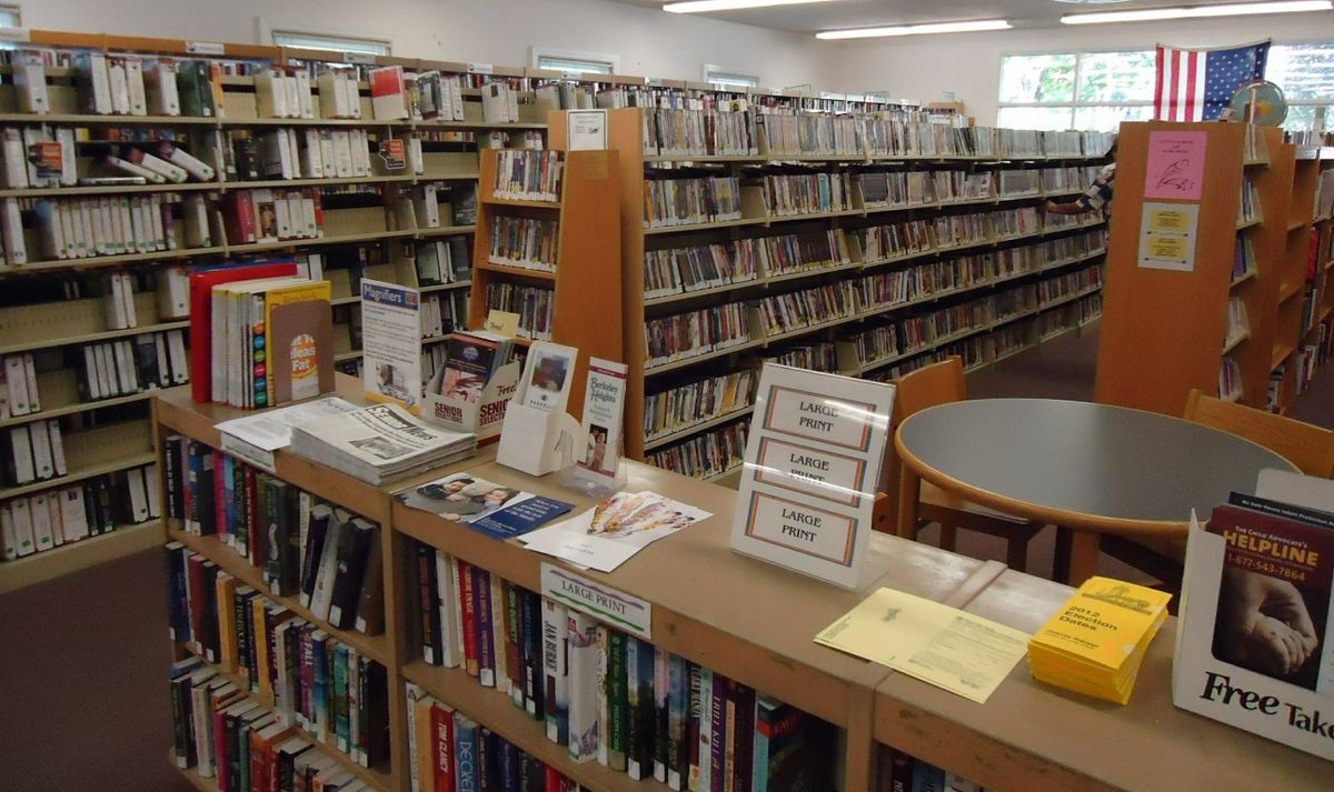 Rows of shelved books in a public library.