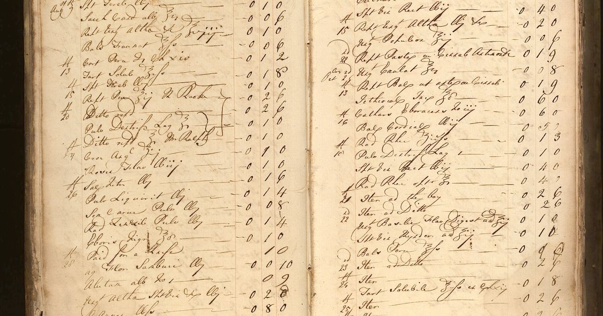 An eighteenth century account book, opened to facing pages of itemised entries and amounts in pounds, shillings and pence.