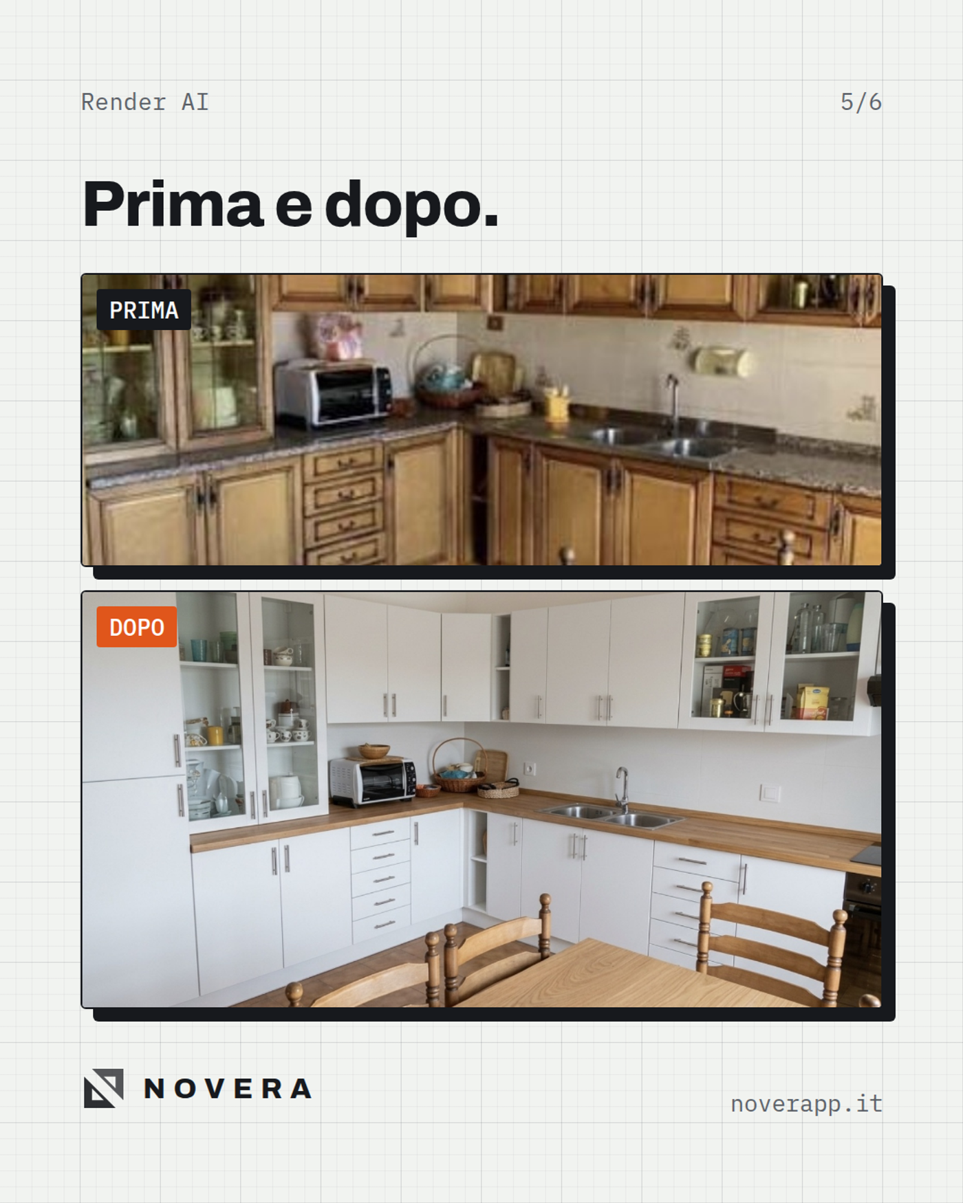 Confronto prima e dopo: cucina attuale e render della ristrutturazione