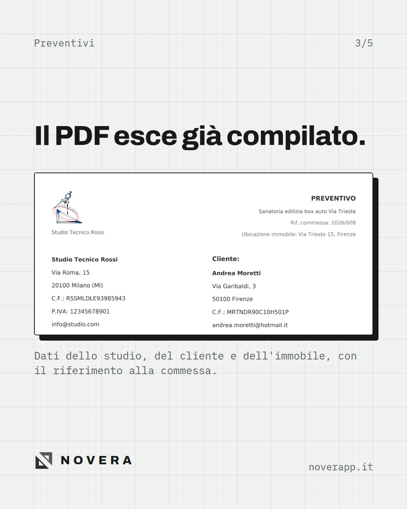 PDF del preventivo compilato con i dati dello studio, del cliente e dell'immobile