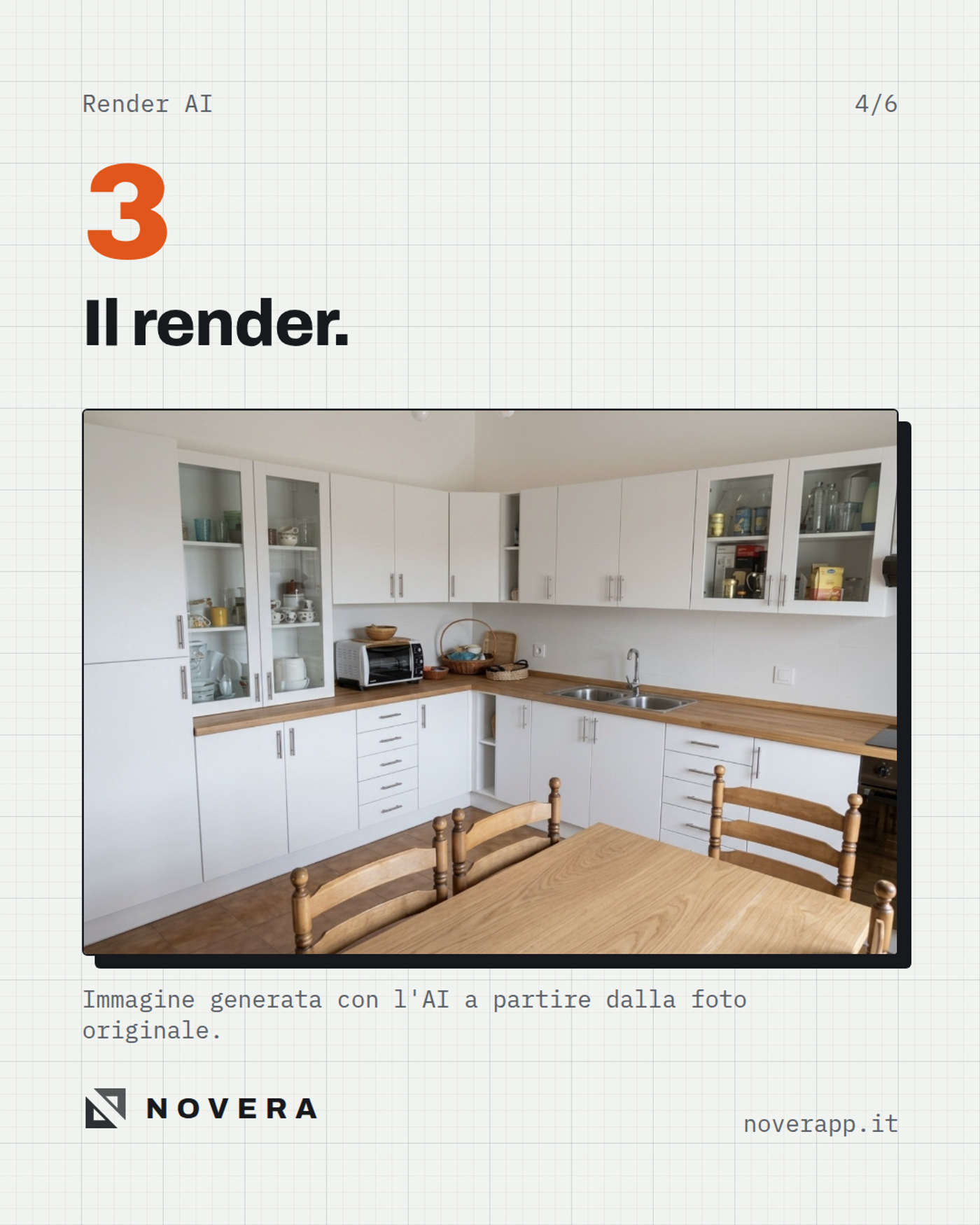 Render AI della cucina ristrutturata generato dalla foto originale